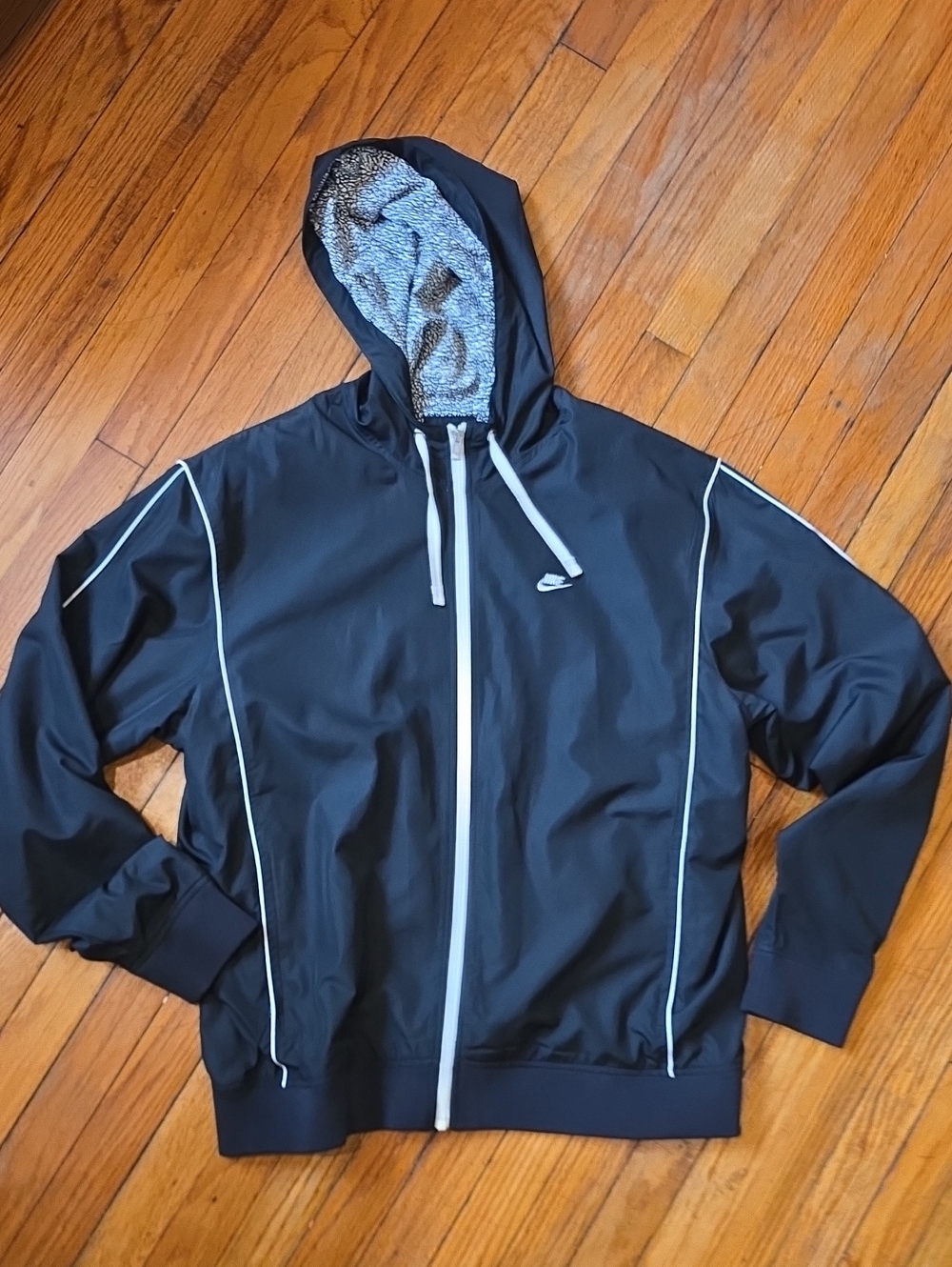 Nike Black Hooded Windbreaker with White Trim